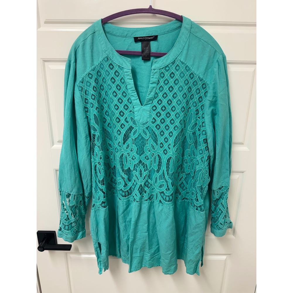 Ashley Stewart Womens Teal Crochet Lace Tunic Top Split Neck Size 22 Turquoise